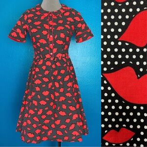 Retrolicious Retro Lips Fit & Flare Dress in Red & Black Polka Dot w/ Collar